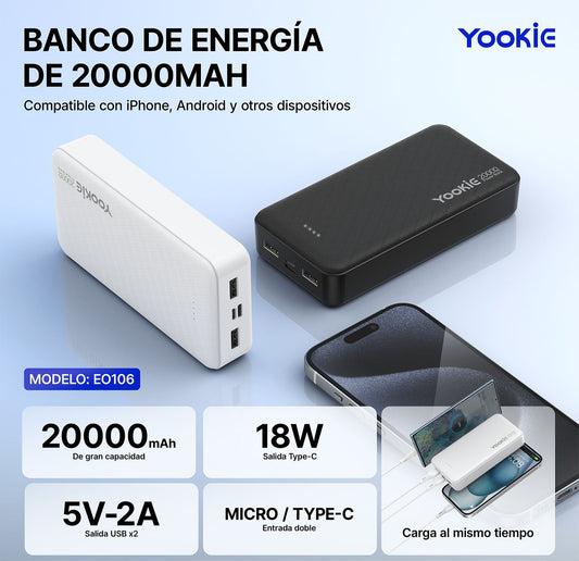 Power Bank Yookie EO106 | 20000mAh Carga Rápida