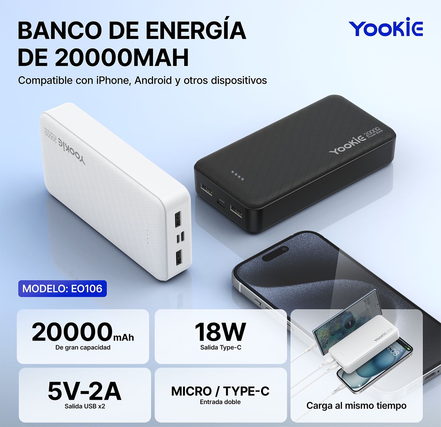 Power Bank Yookie EO106 | 20000mAh Carga Rápida