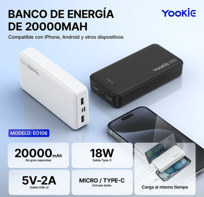 Power Bank Yookie EO106 | 20000mAh Carga Rápida